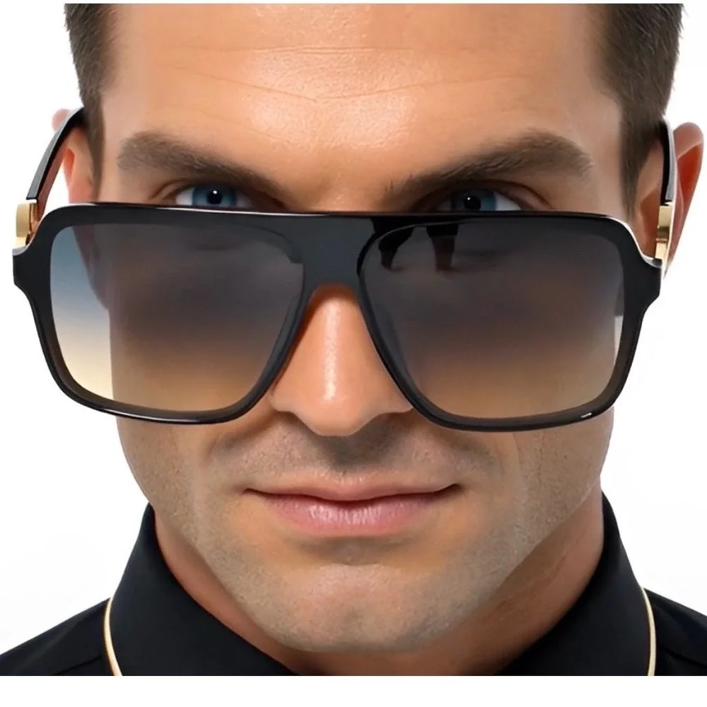 Mens Oversized Square Flat Top Sunglasses Black Gold Lion Head Gradient Green‎